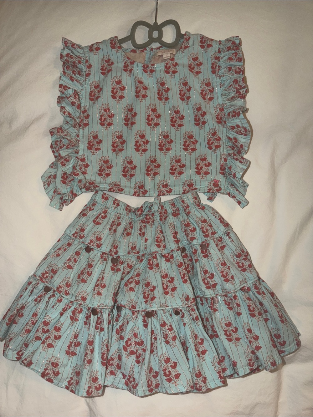 Pink Chicken Blue Floral Ruffle Crop Top with Red Roses
